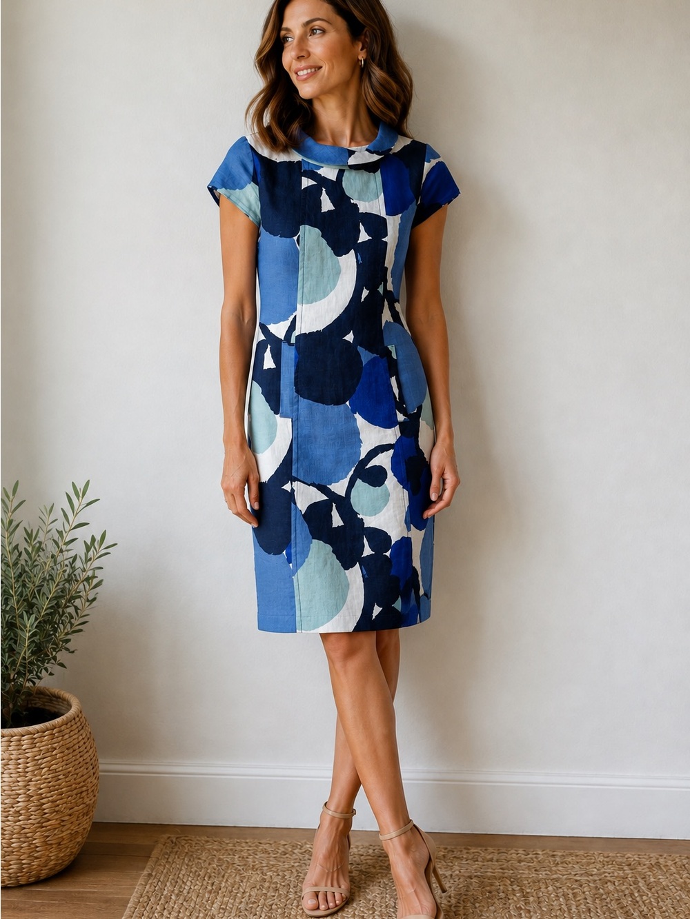Boden Linen Blue Abstract Print Cap-Sleeve Shift Dress - 2